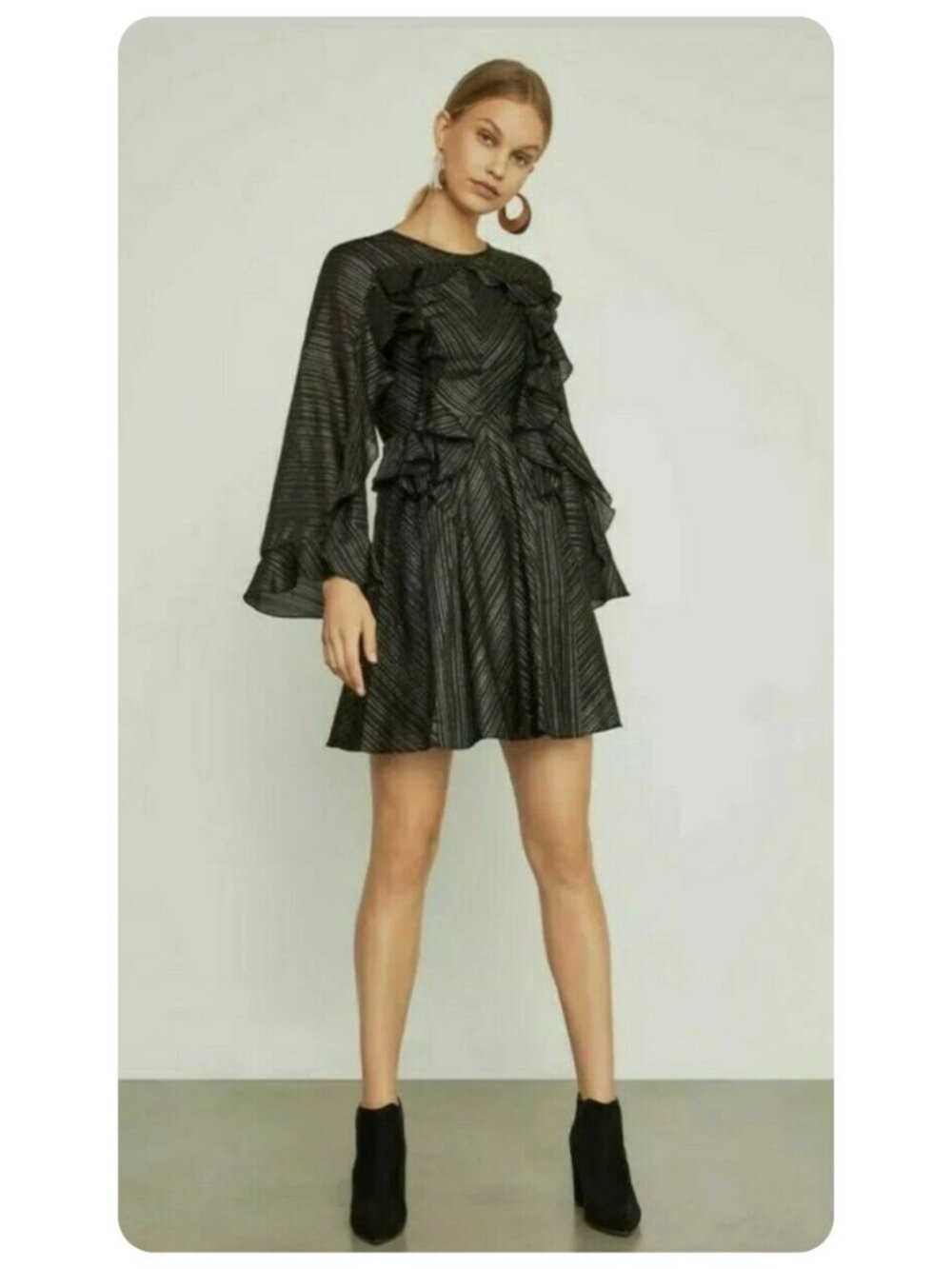BCBGMaxAzria Black Metallic Ruffle Long Bell Sleeve Mini Dress sz S - Picture 1 of 9